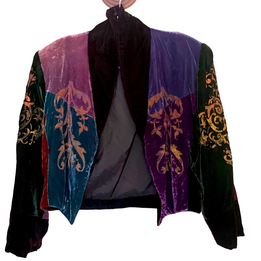 VTG OOAK Multicolor Crushed Velvet Bolero Jacket Handcrafted Painted Women’s SM